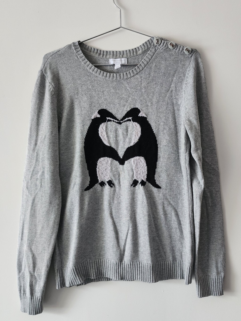 Charter Club Petite Penguin Heart Sweater Pl Gray Shoulder Button Cable Accent
